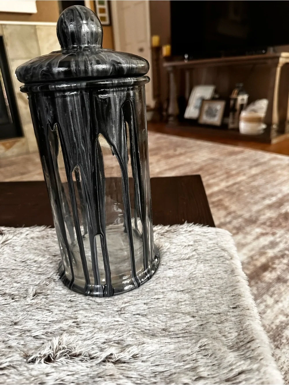 Hand crafted Black and silver Marble Effect glass Canister with Lid